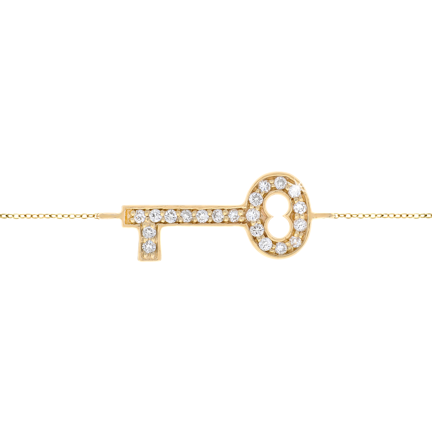 A 14K gold bracelet featuring a diamond-encrusted key design on a chain.