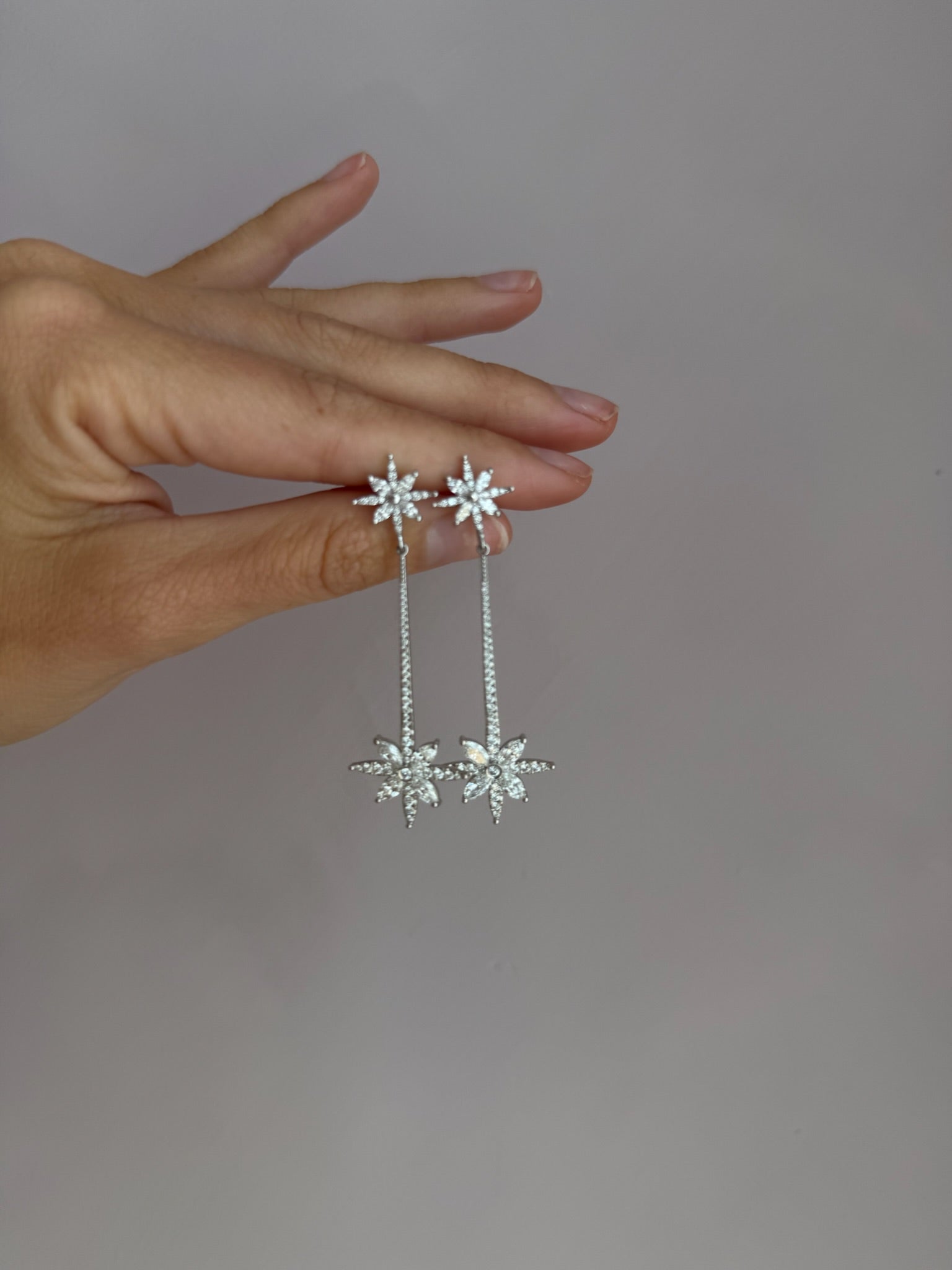 Hand holding a pair of silver snowflake earrings against a plain background