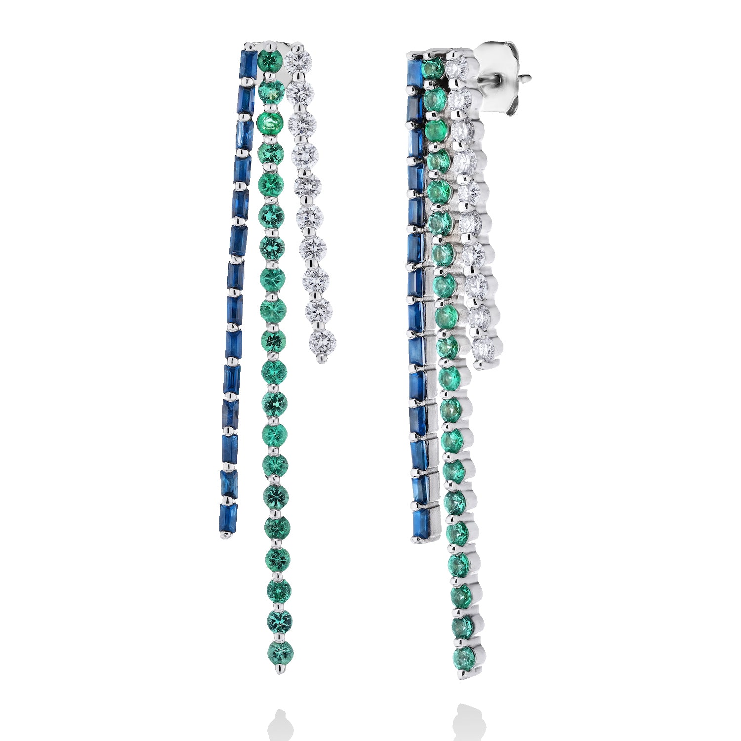 Baguette and Round Stick Earrings - Sapphire, Emerald and Diamond