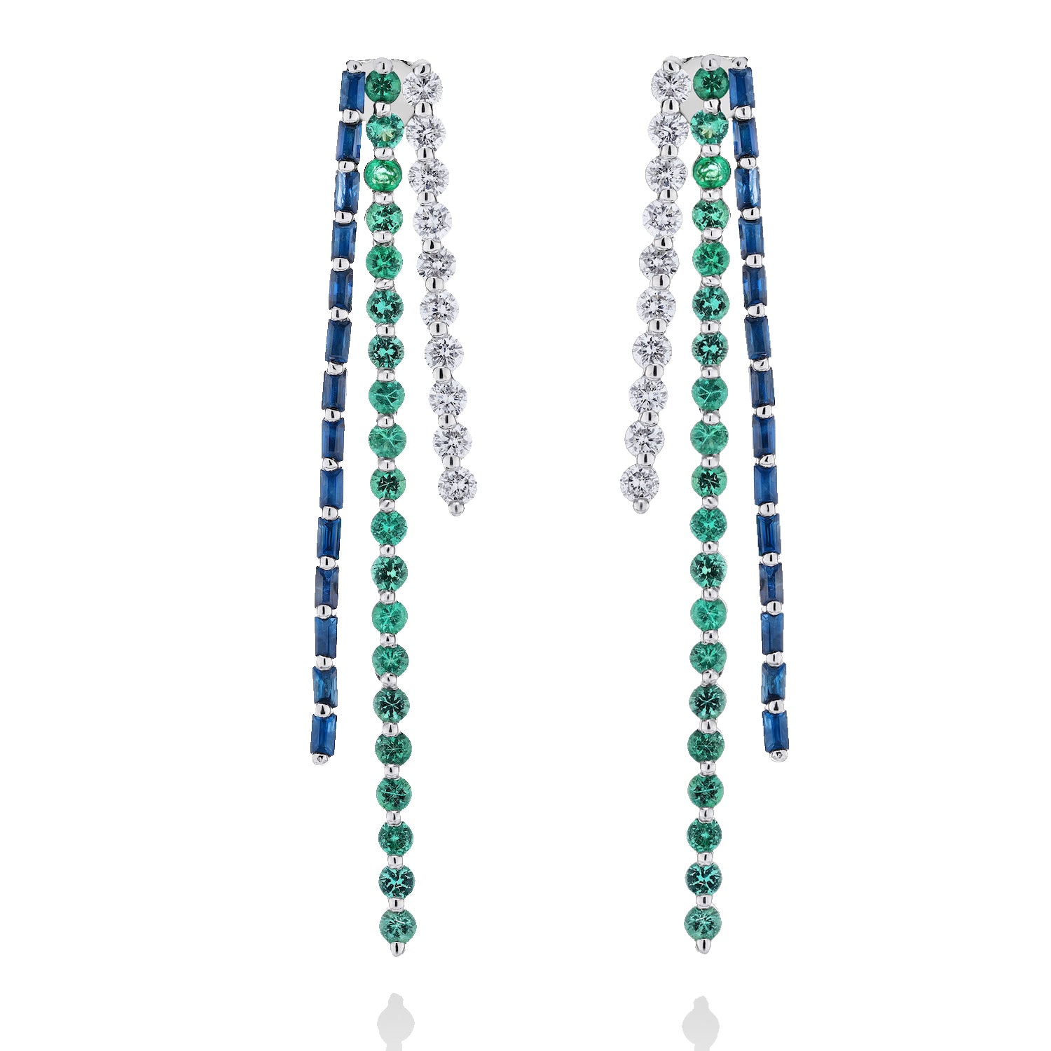 Baguette and Round Stick Earrings - Sapphire, Emerald and Diamond