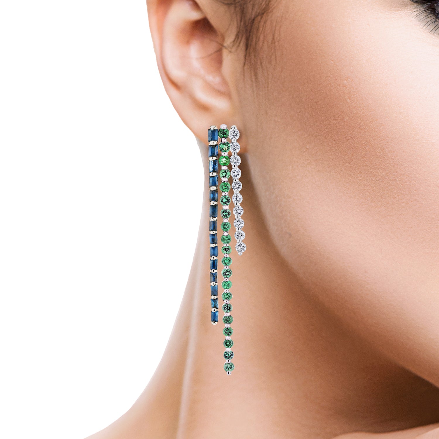 Baguette and Round Stick Earrings - Sapphire, Emerald and Diamond