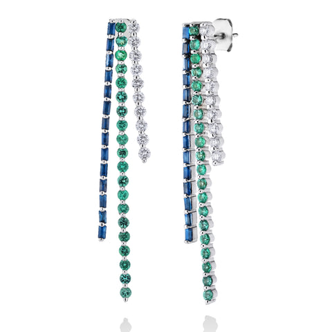 Baguette and Round Stick Earrings - Sapphire, Emerald and Diamond
