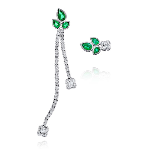 Flower Mismatch Diamond and Emerald Earrings